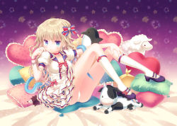 Rule 34 | 1girl, bad id, bad pixiv id, blonde hair, blue eyes, bow, bracelet, breasts, choker, cleavage, cow, dress, earrings, frilled pillow, frills, hair bow, jewelry, kneehighs, long hair, mary janes, nail polish, narinn, original, panties, pillow, ring, shoes, socks, solo, stuffed animal, stuffed penguin, stuffed sheep, stuffed toy, underwear