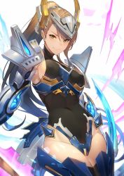 Rule 34 | 1girl, :&gt;, armor, beatrix (granblue fantasy), breasts, brown hair, covered navel, crotch plate, covered erect nipples, glowing, granblue fantasy, green eyes, hair ornament, headpiece, highres, kakage, leotard, looking at viewer, ponytail, shoulder armor, sideboob, sidelocks, solo, thighhighs, white background