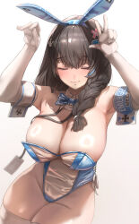 Rule 34 | 1girl, absurdres, animal ear hairband, animal ears, bare shoulders, black hair, blue bow, blue bowtie, blue leotard, blush, bow, bowtie, braid, braided ponytail, breasts, cleavage, closed eyes, commentary, covered navel, detached collar, elbow cuffs, elbow gloves, english commentary, fake animal ears, gloves, goddess of victory: nikke, hair between eyes, hair ornament, hair over shoulder, hairband, hands up, highres, huge breasts, id card, jindogod, lanyard, leotard, long hair, mary (medical rabbit) (nikke), mary (nikke), meme attire, nontraditional playboy bunny, official alternate costume, parted lips, playboy bunny, rabbit ear hairband, rabbit ears, rabbit hair ornament, rabbit pose, see-through, see-through leotard, smile, solo, thick thighs, thighhighs, thighs, translucent bunnysuit, v, white gloves, white thighhighs