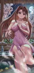 Rule 34 | 1girl, absurdres, bare arms, bare shoulders, blush, breasts, brown hair, cleavage, collarbone, commentary, english commentary, full moon, highres, large breasts, long hair, looking at viewer, love hina, mixed-language commentary, moon, narusegawa naru, onsen, outdoors, outstretched hand, silvertsuki, sitting, smile, solo, towel, turtle, water