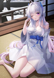 Rule 34 | 1girl, absurdres, blue archive, blush, breasts, cleavage, floral print, grey hair, halo, hidel, highres, indoors, japanese clothes, kimono, large breasts, long hair, long sleeves, looking at viewer, mechanical halo, noa (blue archive), one eye closed, open mouth, print kimono, purple eyes, shouji, sitting, sliding doors, solo, tatami, white kimono, wide sleeves, yokozuwari