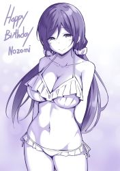 Rule 34 | 1girl, absurdres, arms behind back, bikini, breasts, cleavage, closed mouth, collarbone, cowboy shot, frilled bikini, frills, hair ornament, hair scrunchie, happy birthday, highres, large breasts, long hair, looking at viewer, love live!, love live! school idol project, low twintails, lowleg, lowleg bikini, monochrome, navel, purple theme, scrunchie, side-tie bikini bottom, sky-freedom, smile, solo, swimsuit, tojo nozomi, twintails