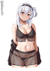 Rule 34 | 1girl, black hairband, black panties, blush, breasts, cleavage, collarbone, ebifurya, grey eyes, hair between eyes, hairband, highres, kantai collection, large breasts, looking at viewer, midriff, navel, panties, parted lips, simple background, solo, suzutsuki (kancolle), twintails, twitter username, underwear, white background, white hair