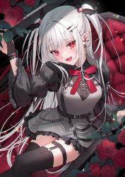 Rule 34 | 1girl, :d, anoa, arm up, black shirt, black thighhighs, bow, breasts, bridal gauntlets, center frills, coffin, collared shirt, commentary request, dress, ear piercing, fangs, feet out of frame, flower, frilled dress, frills, gem, grey dress, grey hair, hair ornament, hairclip, heart, heart hair ornament, highres, jirai kei, long hair, looking at viewer, medium breasts, open mouth, original, piercing, pointy ears, red bow, red eyes, red flower, red gemstone, red rose, rose, shirt, sitting, skirt, smile, solo, suspender skirt, suspenders, thighhighs, two side up, vampire, very long hair, wing hair ornament
