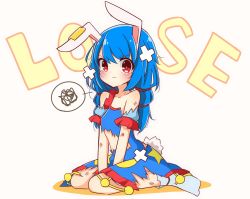 Rule 34 | 1girl, animal ears, bare shoulders, between legs, blue hair, blush, bruise, closed mouth, commentary request, crossed bandaids, dress, full body, hand between legs, highres, injury, inon, looking at viewer, multi-tied hair, one-hour drawing challenge, rabbit ears, rabbit tail, red eyes, seiran (touhou), short sleeves, sitting, socks, solo, spoken squiggle, squiggle, tail, tears, torn clothes, torn dress, touhou, v-shaped eyebrows, wariza, white background, white socks