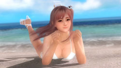 Rule 34 | 1girl, 3d, beach, bikini, breasts, dead or alive, dead or alive 5, female focus, honoka (doa), large breasts, looking at viewer, ocean, official art, outdoors, pink hair, sky, solo, swimsuit, tecmo, wallpaper, white bikini