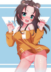 Rule 34 | 1girl, :d, absurdres, animal ears, bear ears, blue background, blush, bottomless, brown hair, claw pose, cleft of venus, cowboy shot, extra ears, forehead, green eyes, highres, hololive, long hair, long sleeves, looking at viewer, natsuiro matsuri, natsuiro matsuri (gaming casual), navel, off-shoulder shirt, off shoulder, ontake2009, open clothes, open mouth, orange shirt, parted bangs, pussy, shirt, smile, solo, teeth, upper teeth only, v-shaped eyebrows, virtual youtuber