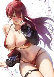 Rule 34 | 1girl, beach, belt, bikini, black jacket, blush, breasts, cleavage, earrings, fang, gold necklace, grey shorts, heart, heart earrings, heart necklace, heterochromia, highres, hololive, houshou marine, houshou marine (summer), jacket, jewelry, large breasts, linea alba, long hair, looking at viewer, necklace, o-ring, o-ring thigh strap, parted lips, ponytail, red bikini, red eyes, red hair, red jacket, red nails, short shorts, shorts, single earring, smile, solo, swimsuit, thigh belt, thigh strap, thighs, two-sided fabric, two-sided jacket, virtual youtuber, water, white background, yampa, yellow eyes