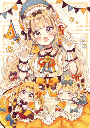 Rule 34 | 2022, 3girls, :o, :t, absurdres, animal ears, apron, bell, black choker, blonde hair, blue bow, blue skirt, blush, bow, brown eyes, brown hair, center frills, checkered background, chibi, chinese zodiac, choker, closed mouth, collared shirt, egasumi, closed eyes, fang, flower, frilled apron, frilled skirt, frills, gloves, hair bow, hair flower, hair ornament, head tilt, highres, jingle bell, long hair, mouth hold, multicolored hair, multiple girls, open mouth, orange skirt, original, parted lips, pennant, pink flower, pleated skirt, red flower, red skirt, sakura oriko, shirt, skirt, sleeping, streaked hair, string of flags, striped tail, tail, tiger ears, tiger girl, tiger tail, twintails, very long hair, waist apron, white apron, white flower, white gloves, white shirt, year of the tiger
