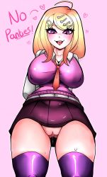 Rule 34 | 1girl, ahoge, akamatsu kaede, arms behind back, between breasts, blonde hair, blush, breasts, cleavage, clover jello, collarbone, danganronpa (series), danganronpa v3: killing harmony, english text, fortissimo, gluteal fold, hair ornament, heart, heart-shaped pupils, highres, large breasts, long hair, long sleeve shirt, long sleeves, looking at viewer, low angle, musical note, musical note hair ornament, necktie, necktie between breasts, no panties, open mouth, parted bangs, pink background, pleated skirt, purple eyes, purple skirt, purple vest, pussy, pussy juice, saliva, shiny clothes, shiny skin, shirt, simple background, skirt, smile, sweat, sweatdrop, symbol-shaped pupils, teeth, thighs, tongue, upper teeth only, vest, white shirt