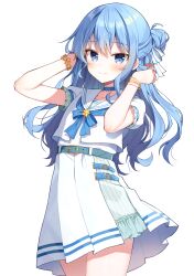 Rule 34 | 1girl, absurdres, bangle, belt, belt buckle, blue belt, blue bow, blue eyes, blue hair, blush, bow, bracelet, buckle, closed mouth, hair between eyes, hair bun, hands up, highres, hololive, hoshimachi suisei, hoshimachi suisei (school uniform), jewelry, long hair, looking at viewer, mauve, pleated skirt, puffy short sleeves, puffy sleeves, sailor collar, scan, shirt, short sleeves, simple background, skirt, smile, solo, star bracelet, very long hair, virtual youtuber, white background, white sailor collar, white shirt, white skirt
