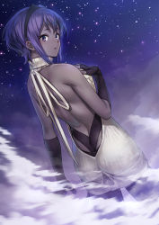 Rule 34 | 1girl, aran sweater, ass, backless dress, backless outfit, bare back, bare shoulders, between fingers, black gloves, breast suppress, breasts, cable knit, cowboy shot, dark-skinned female, dark skin, dress, dutch angle, fate/prototype, fate/prototype: fragments of blue and silver, fate (series), fingerless gloves, from behind, gloves, hairband, halterneck, hand on breast, hassan of serenity (fate), holding, holding weapon, kunai, looking at viewer, looking back, meme attire, night, night sky, official art, oto (ginswallow), outdoors, parted lips, purple eyes, purple hair, short hair, sidelocks, skin tight, sky, smoke, solo, star (sky), starry sky, sweater, sweater dress, totsuki kakeru, turtleneck, turtleneck sweater, virgin killer sweater, weapon, white sweater