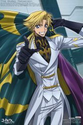 Rule 34 | 00s, 1boy, absurdres, blonde hair, blue eyes, cape, code geass, gino weinberg, gloves, highres, male focus, scan, solo
