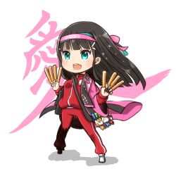 Rule 34 | 1girl, aqua eyes, bag, between fingers, black hair, character doll, commentary request, full body, glowstick, group name, hachimaki, hair ornament, hairclip, happi, headband, holding, jacket, japanese clothes, kanji, kurosawa dia, long hair, long sleeves, love live!, love live! school idol festival, love live! sunshine!!, mole, mole under mouth, morimaiko, pants, red jacket, red pants, shoulder bag, solo, sweatdrop, track jacket, track pants, track suit, v-shaped eyebrows, white background
