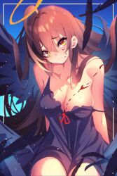 Rule 34 | 1girl, ahoge, alternate costume, bird wings, black dress, black wings, blue background, breasts, brown eyes, brown hair, chromatic aberration, cleavage, crossed bangs, dress, falling feathers, feathers, halo, highres, hololive, hololive english, light particles, long hair, looking at viewer, multicolored hair, nanashi mumei, nightgown, streaked hair, the0neulost, very long hair, virtual youtuber, wings
