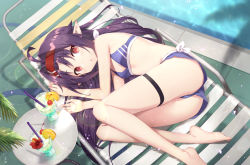 Rule 34 | 1girl, :o, ahoge, ass, bare arms, bare shoulders, barefoot, bikini, blush, breasts, commentary request, drinking straw, from above, gabiran, glass, hair intakes, hairband, long hair, looking at viewer, lying, on side, open mouth, pointy ears, purple bikini, purple hair, red eyes, small breasts, smile, solo, swimsuit, sword art online, thigh strap, thighs, water, yuuki (sao)