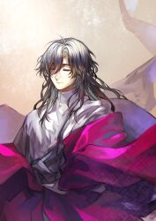 Rule 34 | 1boy, alternate costume, black hair, closed eyes, closed mouth, constantine xi (fate), double-parted bangs, expressionless, fate/grand order, fate (series), floating clothes, hair between eyes, heki0529, highres, long hair, male focus, red shawl, sepia background, shawl, shirt, solo, upper body, white shirt