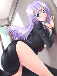 Rule 34 | 10s, 1girl, against wall, ass, bent over, blue eyes, blush, breast press, breasts, cardfight!! vanguard, highres, large breasts, long hair, looking at viewer, open mouth, purple hair, solo, tears, tokura misaki, yaso shigeru