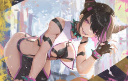 Rule 34 | 1girl, all fours, asymmetrical bangs, baggy pants, bare shoulders, black hair, body markings, bracelet, breasts, chinese clothes, claw pose, cleavage, collar, drill hair, dudou, fingerless gloves, fingernails, gloves, hair horns, han juri, highres, jewelry, medium breasts, midriff, multicolored hair, neo (neorarty3), open clothes, open mouth, pants, partially unzipped, pink eyes, pink hair, sharp fingernails, sharp teeth, sleeveless, smile, solo, spiked bracelet, spiked collar, spikes, street fighter, teeth, toned, twin drills, zipper legwear
