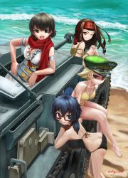 Rule 34 | 10s, 4girls, abazu-red, armband, ass, beach, bikini, black bikini, black eyes, black hair, blonde hair, breasts, brown eyes, brown hair, caesar (girls und panzer), cleavage, closed mouth, commentary, emblem, erwin (girls und panzer), from behind, girls und panzer, glasses, goggles, goggles on headwear, grin, hat, headband, highres, hippo, leaning forward, long hair, looking at viewer, looking back, medium breasts, messy hair, military, military vehicle, motor vehicle, multiple girls, one eye closed, open mouth, oryou (girls und panzer), peaked cap, pointy hair, red-framed eyewear, red scarf, saemonza (girls und panzer), scarf, semi-rimless eyewear, short hair, short ponytail, sitting, smile, standing, sturmgeschutz iii, swimsuit, tank, toga, under-rim eyewear, waves, yellow bikini