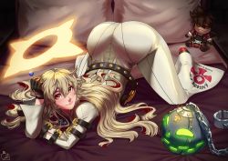 Rule 34 | 1girl, artist request, ass, bad id, bad pixiv id, ball and chain restraint, bed, bed sheet, belt, bodysuit, candy, chain, closed mouth, commentary, spiked halo, food, full body, gloves, guilty gear, guilty gear xrd, halo, highres, holding, holding food, jack-o&#039; valentine, lips, lollipop, long hair, looking at viewer, multicolored hair, pillow, red eyes, red hair, shiny clothes, simple background, skin tight, smile, sol badguy, solo, stuffed toy, thick eyebrows, two-tone hair, white bodysuit, white hair