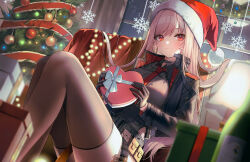 Rule 34 | 1girl, belt, belt pouch, black gloves, black jacket, black shirt, black thighhighs, blurry, box, breasts, brown hair, christmas, christmas tree, closed mouth, commentary request, depth of field, desk lamp, gift, gift box, gloves, goddess of victory: nikke, hanato (seonoaiko), hat, heart-shaped box, highres, holding, holding gift, indoors, jacket, knees up, korean commentary, lamp, long sleeves, looking at viewer, medium breasts, necktie, open clothes, open jacket, pouch, rapi (nikke), red eyes, red hat, red necktie, santa hat, shirt, smile, snowflake print, solo, thighhighs, thighs, utility belt