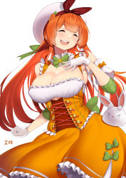 Rule 34 | 1girl, ^ ^, absurdres, animal ear fluff, animal ears, beret, breasts, carrot hair ornament, cleavage, closed eyes, commentary, corset, dress, erotanuki, floating hair, food-themed hair ornament, frilled dress, frills, hair ornament, hand on own hip, hat, highres, idol, large breasts, long hair, open mouth, orange dress, original, rabbit, rabbit ears, smile, very long hair, white background