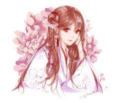 Rule 34 | 1girl, 4summers, braid, brown hair, chinese clothes, eyelashes, floral print, flower, flower request, hair bun, hair ornament, long hair, looking at viewer, original, pink flower, red eyes, signature, simple background, single hair bun, solo, white background