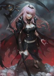 Rule 34 | 1girl, alcohol, black cape, black dress, black thighhighs, breasts, cape, cleavage, collar, cup, detached sleeves, dress, drinking glass, full body, highres, holding, holding weapon, hololive, hololive english, holomyth, looking at viewer, mori calliope, pink hair, raikoart, red eyes, scythe, single thighhigh, skull, smile, solo, spiked collar, spikes, standing, thighhighs, tiara, veil, virtual youtuber, weapon, wine, wine glass
