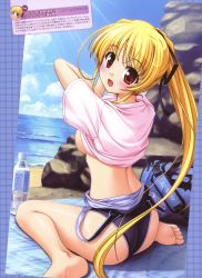 Rule 34 | 1girl, absurdres, bag, barefoot, beach, bekkankou, blonde hair, blush, bottle, breasts, clothes lift, clothes pull, cynthia marguerite, duffel bag, feet, from behind, hair ribbon, highres, light rays, long hair, looking back, no bra, one-piece swimsuit, one-piece swimsuit pull, open mouth, plaid, plaid background, ponytail, red eyes, ribbon, scan, shirt lift, sideboob, sitting, solo, sunbeam, sunlight, swimsuit, toes, undressing, very long hair, wariza, water, water bottle, yoake mae yori ruri iro na