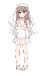 Rule 34 | 1girl, arm behind back, atelier (series), atelier totori, blue eyes, blush, bridal veil, brown hair, dress, female focus, full body, hand on own stomach, long hair, looking at viewer, pregnant, pregnant loli, sandals, simple background, smile, solo, standing, totooria helmold, urayamacat, veil, wedding dress