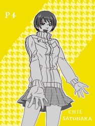 Rule 34 | 1girl, :d, asahijima, atlus, bad id, bad pixiv id, badge, bare legs, button badge, character name, copyright name, cowboy shot, houndstooth, jacket, legs, looking down, monochrome, open mouth, outstretched arms, persona, persona 4, satonaka chie, short hair, skirt, smile, solo, standing, text focus, tomboy, track jacket, unmoving pattern, yellow theme