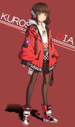 Rule 34 | 1girl, text background, black pantyhose, blunt bangs, brown hair, character name, closed mouth, clothes writing, coat, corsetman, dress, english text, full body, green eyes, hair ornament, hairclip, headset, high tops, highres, hood, hood down, id card, kurosawa dia, lanyard, long hair, long hoodie, long sleeves, looking at viewer, love live!, love live! sunshine!!, mole, mole under mouth, open clothes, open coat, pantyhose, red background, red coat, red footwear, shadow, shoes, short dress, sleeves past wrists, smile, sneakers, solo, standing, white dress