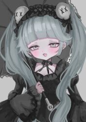 Rule 34 | 1girl, aqua hair, black dress, black hairband, blush, breasts, cleavage, criss-cross halter, dress, frilled dress, frilled hairband, frills, gothic lolita, grey background, grey eyes, hair ornament, hairband, halterneck, highres, holding, holding umbrella, lolita fashion, lolita hairband, long hair, long sleeves, looking at viewer, open mouth, original, puffy long sleeves, puffy sleeves, revision, shiona (siona0625), skull hair ornament, small breasts, solo, twintails, umbrella, upper body, very long hair, wide sleeves