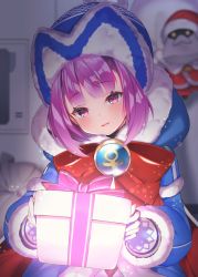 Rule 34 | 1girl, beanie, blue coat, blue dress, blurry, blush, bow, coat, commentary request, depth of field, dress, fate/grand order, fate (series), fur-trimmed dress, fur trim, gloves, glowing, hat, helena blavatsky (christmas) (fate), helena blavatsky (fate), holding, long sleeves, looking at viewer, open mouth, purple eyes, purple hair, red bow, short hair, smile, solo, suzuho hotaru