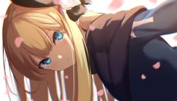 Rule 34 | 1girl, aqua eyes, backlighting, beret, blonde hair, blue jacket, blush, breasts, closed mouth, fate (series), flower, hat, highres, jacket, leaning forward, long hair, long sleeves, looking at viewer, lord el-melloi ii case files, peaked cap, petals, reines el-melloi archisorte, small breasts, solo, spider apple, tilted headwear