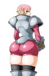 Rule 34 | 1girl, armor, ass, blue eyes, boots, ear piercing, guarana, highres, huge ass, looking back, multicolored hair, one piece, piercing, solo, thick thighs, thighhighs, thighhighs under boots, thighs, white background, wrato