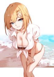 Rule 34 | 1girl, beach, bikini, black bikini, blonde hair, blue eyes, blush, breasts, cleavage, collarbone, collared shirt, faicha, grin, hair ornament, hairclip, hololive, hololive english, large breasts, leaning forward, letterboxed, looking at viewer, outside border, shirt, shore, short hair, short sleeves, smile, solo, swimsuit, thighs, tied shirt, virtual youtuber, watson amelia, white shirt