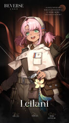 Rule 34 | 1girl, :d, ahoge, arrow (projectile), bag, bow (weapon), brown background, brown bag, brown hairband, brown necktie, brown pants, character name, cloak, copyright name, cowboy shot, curtains, english text, feathers, flower, green eyes, hairband, highres, holding, holding bow (weapon), holding weapon, leilani (reverse:1999), logo, long sleeves, looking at viewer, low twintails, necktie, official art, open mouth, pants, parted bangs, pink hair, quiver, reverse:1999, shirt, short hair, shoulder bag, smile, solo, spotlight, tan, teeth, twintails, upper teeth only, weapon, white cloak, white shirt, yellow flower