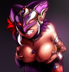 Rule 34 | 1girl, armlet, bent over, bracelet, breasts squeezed together, breasts, cia (hyrule warriors), cleavage, dark skin, glowing, glowing eyes, grin, hyrule warriors, jewelry, large breasts, lots of jewelry, mask, mega milk, nail polish, necklace, nintendo, parody, smile, solo focus, the legend of zelda, thighlet, voodoothur, white hair