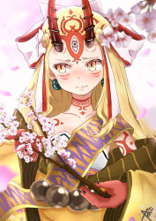 Rule 34 | 1girl, absurdres, artist request, blonde hair, blush, breasts, cherry blossoms, closed mouth, collarbone, earrings, facial mark, fang, fang out, fate/grand order, fate (series), fingernails, forehead, forehead mark, hair pulled back, hair ribbon, highres, horns, ibaraki douji (fate), japanese clothes, jewelry, kimono, long hair, long sleeves, looking to the side, oni, oni horns, petals, pointy ears, red ribbon, ribbon, sash, sharp fingernails, small breasts, solo, tattoo, white ribbon, wide sleeves, yellow eyes, yellow kimono