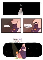Rule 34 | ..., 1girl, androgynous, blush, brown hair, comic, english text, fangs, fofu (vivivi7068), frisk (undertale), full body, furry, furry female, height difference, highres, horns, long sleeves, robe, spoken ellipsis, spot color, spotlight, standing, striped clothes, striped sweater, sweater, tabard, teeth, toriel, undertale