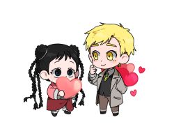 Rule 34 | 1boy, 1d1ot, 1girl, alphonse elric, arm behind back, bad id, bad pixiv id, black eyes, black footwear, black hair, blonde hair, blush, blush stickers, braid, brown pants, chibi, chinese clothes, clenched hands, coat, collared shirt, covered mouth, dot nose, double bun, dress shirt, finger to cheek, finger to face, full body, fullmetal alchemist, grey coat, hair bobbles, hair bun, hair ornament, happy, heart, height difference, holding, holding heart, legs apart, long sleeves, looking at another, may chang, multiple braids, necktie, open clothes, open coat, pants, shaded face, shirt, smile, standing, striped neckwear, transparent background, waistcoat, white shirt, wide sleeves, yellow eyes
