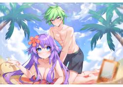 Rule 34 | 1boy, 1girl, abs, ahoge, bare shoulders, barefoot, beach, binato lulu, blue eyes, blue male swimwear, blue sky, blue swim trunks, blurry, blurry background, blurry foreground, blush, bottle, breasts, censored, cleavage, cloud, collarbone, commission, completely nude, couple, day, dot nose, ears, feet, flower, flustered, framed, full body, green hair, hair between eyes, hair censor, hair flower, hair ornament, hibiscus, hibiscus hair ornament, kneeling, knees, lens flare, long hair, looking at viewer, lying, male swimwear, medium breasts, neptune (neptunia), neptune (series), nervous, nude, on stomach, original, outdoors, palm tree, power symbol-shaped pupils, purple eyes, purple hair, purple heart (neptunia), red towel, sand, short hair, signature, sky, smile, straddling, swim trunks, swimsuit, symbol-shaped pupils, toes, topless, topless male, towel, tree, very long hair, wavy mouth