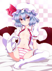 Rule 34 | 1girl, :&lt;, bed sheet, blue hair, blush, bow, bow panties, breasts, busuneko, checkered background, feet, female focus, foot focus, frown, hat, highres, leg up, mob cap, navel, nipples, no bra, no pants, open clothes, panties, red eyes, red ribbon, remilia scarlet, ribbon, sitting, small breasts, solo, spread legs, striped clothes, striped panties, thighhighs, toe scrunch, touhou, underwear, white thighhighs, wings