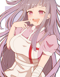Rule 34 | 1girl, absurdres, apron, arm at side, bandaged arm, bandages, breasts, collared shirt, commentary request, danganronpa (series), danganronpa 2: goodbye despair, drooling, grey background, hand up, heart, heart-shaped pupils, highres, large breasts, long hair, looking at viewer, open mouth, pink shirt, puffy short sleeves, puffy sleeves, purple hair, shirt, short sleeves, simple background, solo, sweat, symbol-shaped pupils, teeth, tsumiki mikan, upper body, upper teeth only, weiss 9610, white apron, white background