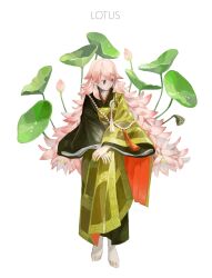 Rule 34 | 1girl, barefoot, beads, black kimono, bud, commentary, dew drop, english commentary, flower, full body, highres, invisible chair, japanese clothes, kamura gimi, kesa, kimono, long hair, long sleeves, looking away, looking to the side, lotus, lotus leaf, lotus pod, o-ring, original, own hands together, petals, pink flower, pink hair, plant hair, prayer beads, purple eyes, simple background, sitting, solo, tassel, very long hair, water drop, white background, wide sleeves