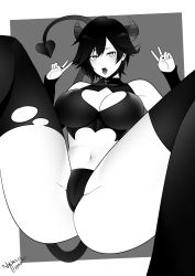 Rule 34 | 1girl, absurdres, artist name, ass, bare shoulders, blush, breasts, cameltoe, cleavage, demon girl, demon horns, demon tail, double v, highres, horns, large breasts, midriff, monochrome, nachocobana, navel, open mouth, ruby rose, rwby, short hair, signature, solo, spread legs, demon girl, tail, thick thighs, thighhighs, thighs, tongue, tongue out, v
