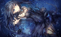 Rule 34 | 1girl, air bubble, animal, bare shoulders, black dress, black hair, black thighhighs, blue eyes, blush, breasts, bubble, commentary request, crown, detached sleeves, dress, dutch angle, fish, fish request, garter straps, gothic lolita, hair between eyes, highres, lolita fashion, long hair, long sleeves, looking at viewer, medium breasts, mini crown, missile228, original, parted lips, sleeveless, sleeveless dress, solo, thighhighs, underwater, very long hair