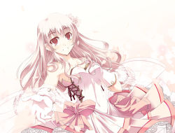 Rule 34 | 1girl, bow, dress, foreshortening, gloves, hand on own chest, large bow, long hair, original, petals, pink dress, pink eyes, pink hair, pink theme, satomi (black scarecrow), smile, solo